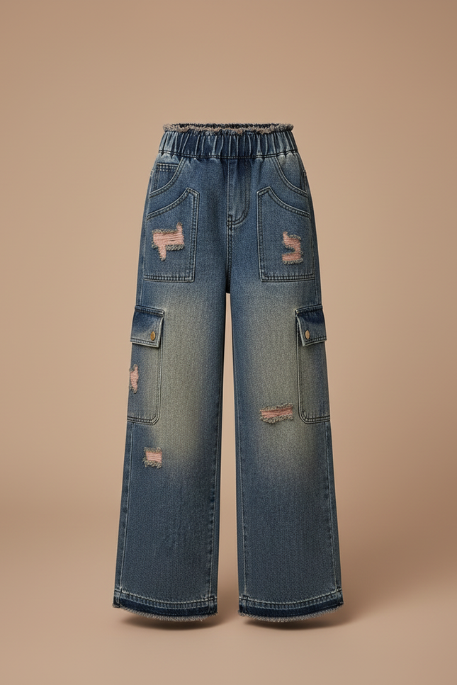 Pantalon Cargo Jean Ample Délavé Poches Enfant - Bleu - vue 3