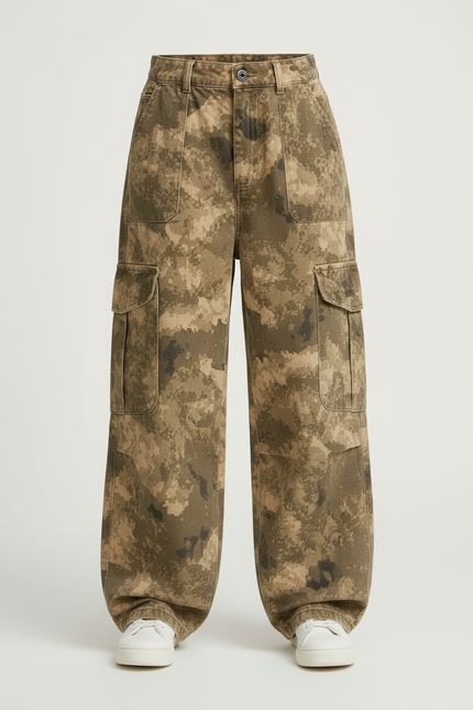 Pantalon Cargo Camouflage Ample Enfant Poches Latérales - Kaki Toile - vue 3