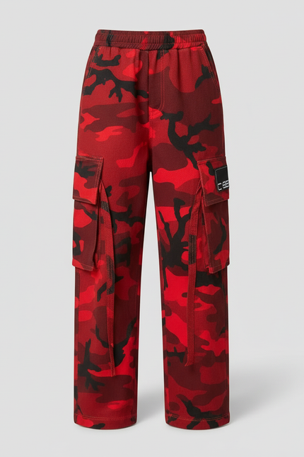 Pantalon Cargo Camouflage Rouge Multipoches Ample Fille - Toile - vue 3