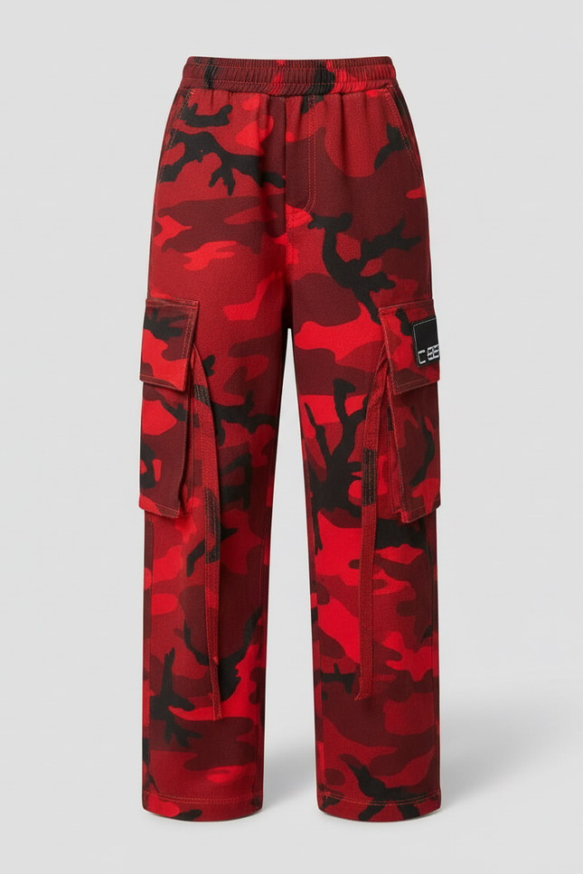 Pantalon Cargo Camouflage Rouge Multipoches Ample Fille - Toile - vue 3
