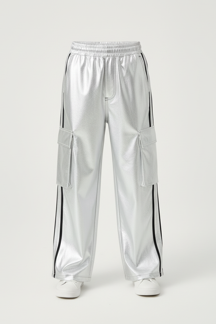 Pantalon Cargo Argenté Brillant Ample Bandes Noires Enfant - Polyester - vue 3