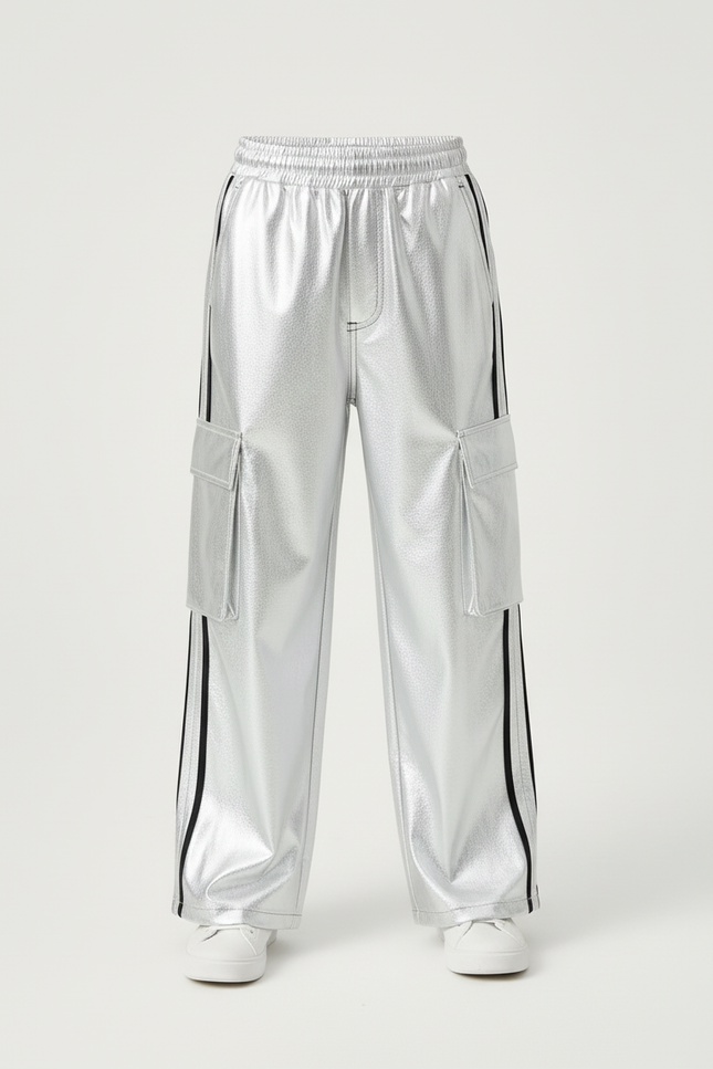 Pantalon Cargo Argenté Brillant Ample Bandes Noires Enfant - Polyester - vue 3