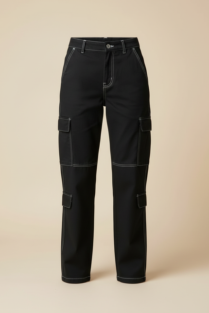 Pantalon Cargo Noir Décontracté Multipoches Surpiqûres Blanches - Toile - vue 3