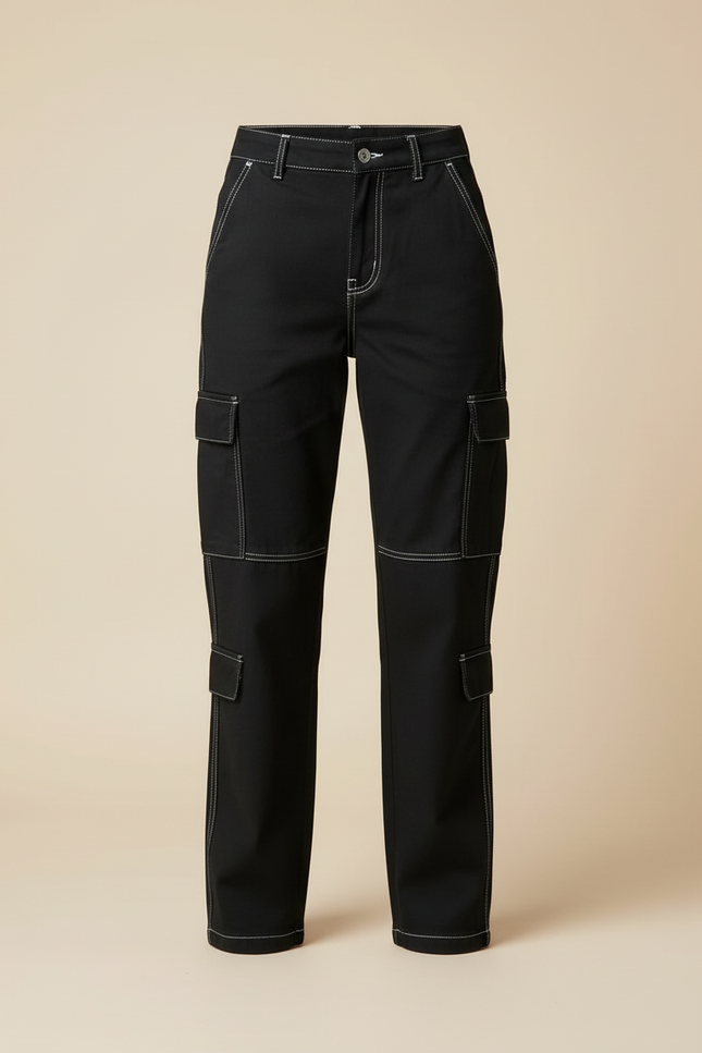 Pantalon Cargo Noir Décontracté Multipoches Surpiqûres Blanches - Toile - vue 3