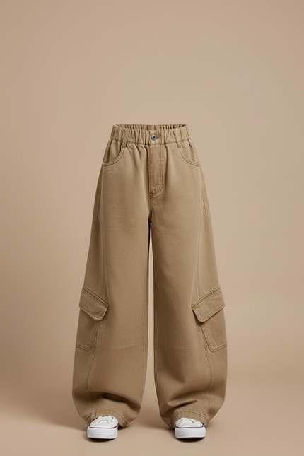 Pantalon Cargo Ample Beige Enfant Multipoches - Kaki Toile - vue 3