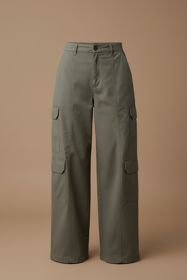 Pantalon Cargo Kaki Ample Taille Haute Multipoches - Toile - vue 3