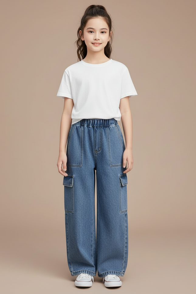 Pantalon Cargo Jean Ample Poches Latérales Enfant - Bleu - vue 3