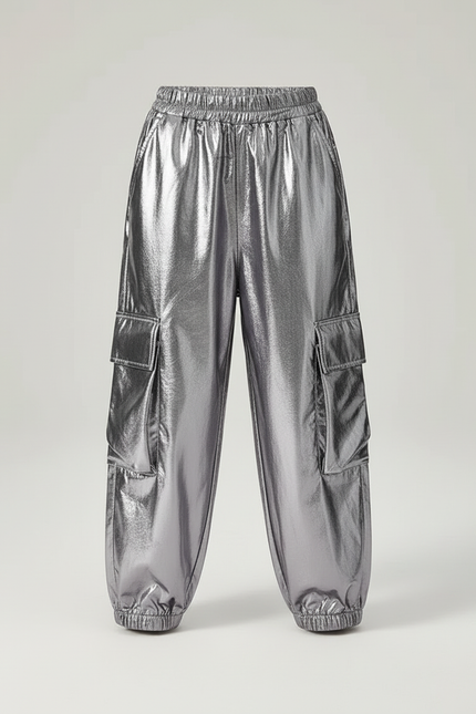 Pantalon Cargo Argenté Brillant Ample Poches Fille - Polyester - vue 3