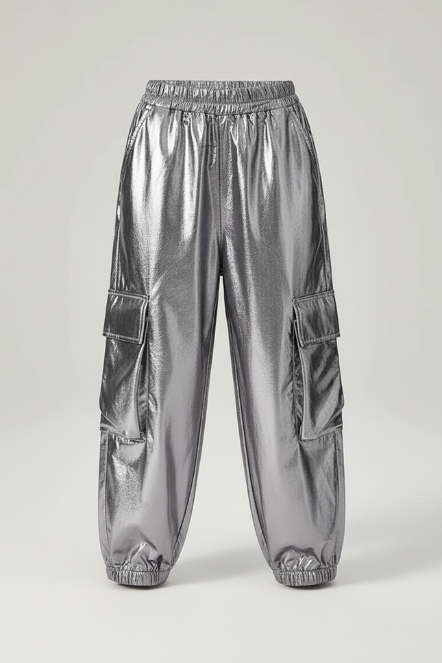 Pantalon Cargo Argenté Brillant Ample Poches Fille - Polyester - vue 3