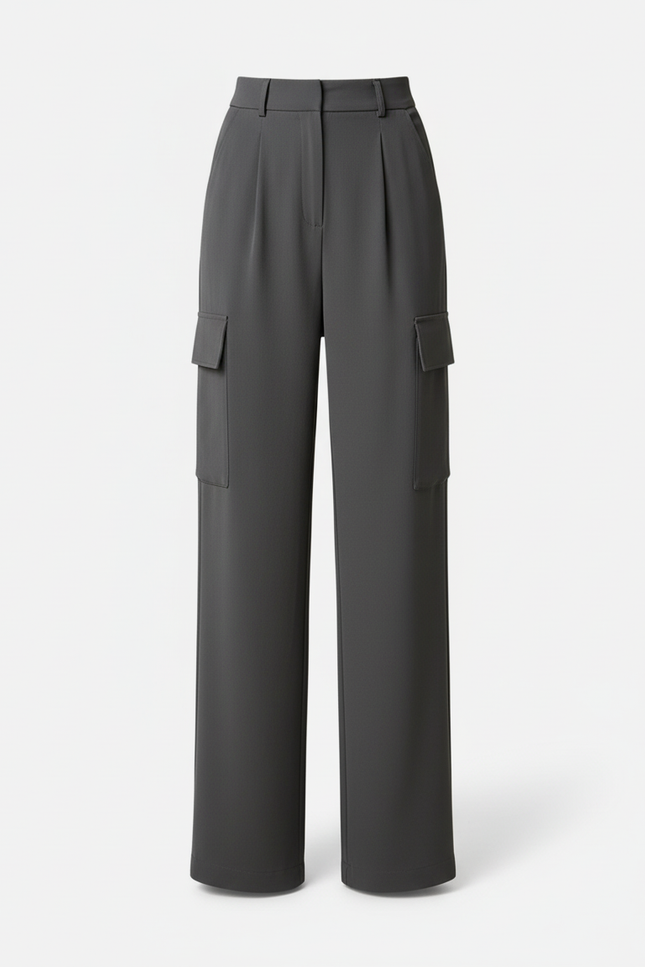 Pantalon Cargo Gris Fluide Taille Haute Femme - Polyester - vue 3