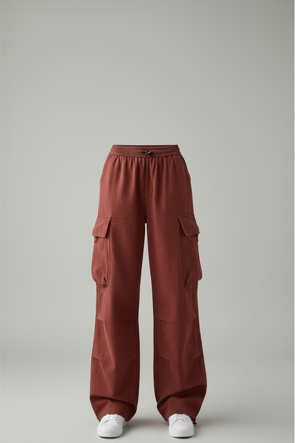 Pantalon Cargo Marron Ample Taille Élastique Femme - Bordeaux Toile - vue 3