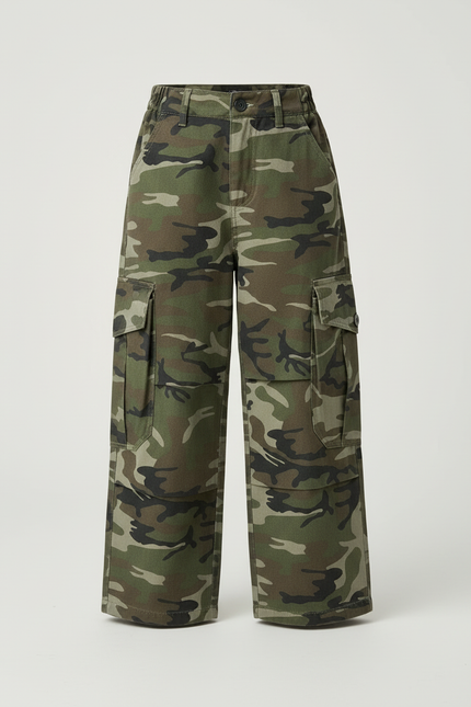 Pantalon Cargo Camouflage Ample Enfant Décontracté - Kaki Toile - vue 3