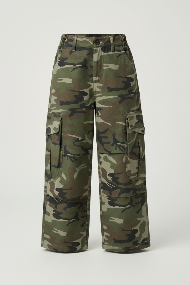 Pantalon Cargo Camouflage Ample Enfant Décontracté - Kaki Toile - vue 3