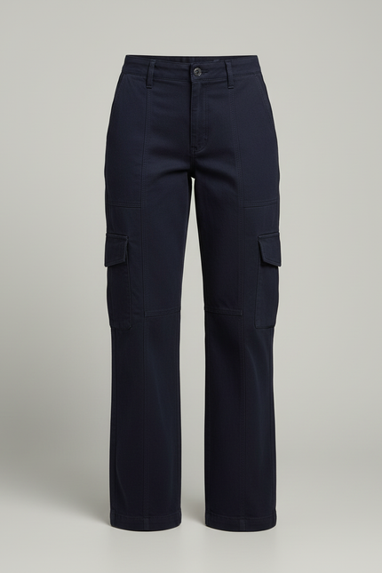 Pantalon Cargo Bleu Marine Ample Taille Haute Femme - Toile - vue 3