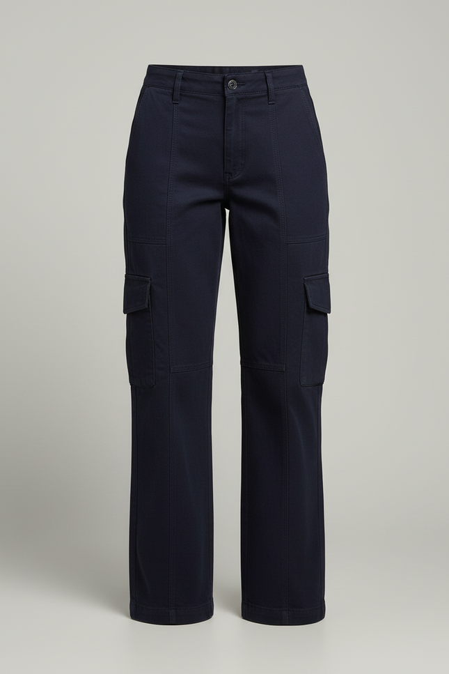 Pantalon Cargo Bleu Marine Ample Taille Haute Femme - Toile - vue 3