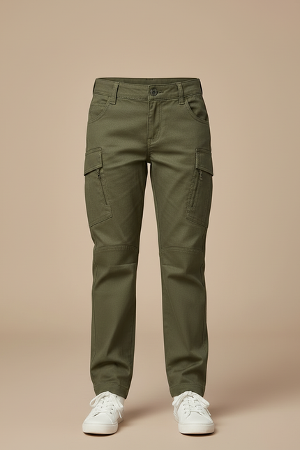 Pantalon Cargo Vert Fille Coupe Droite Coton Multipoches - Kaki - vue 3