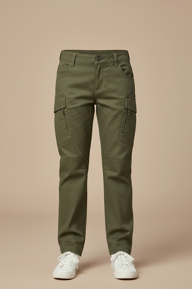 Pantalon Cargo Vert Fille Coupe Droite Coton Multipoches - Kaki - vue 3