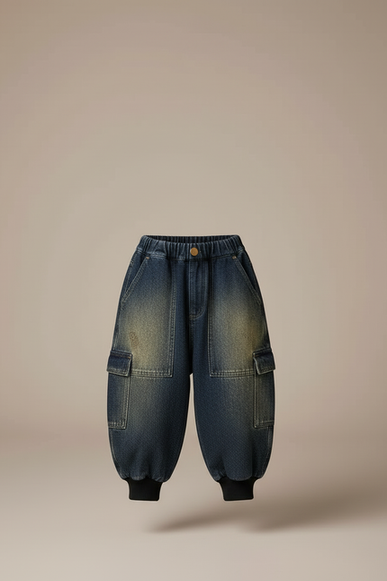 Pantalon Cargo Denim Ample Délavé Multipoches Enfant - Bleu Jean - vue 3