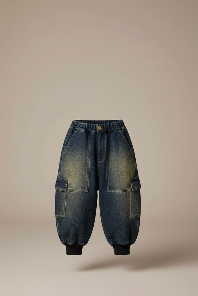 Pantalon Cargo Denim Ample Délavé Multipoches Enfant - Bleu Jean - vue 3
