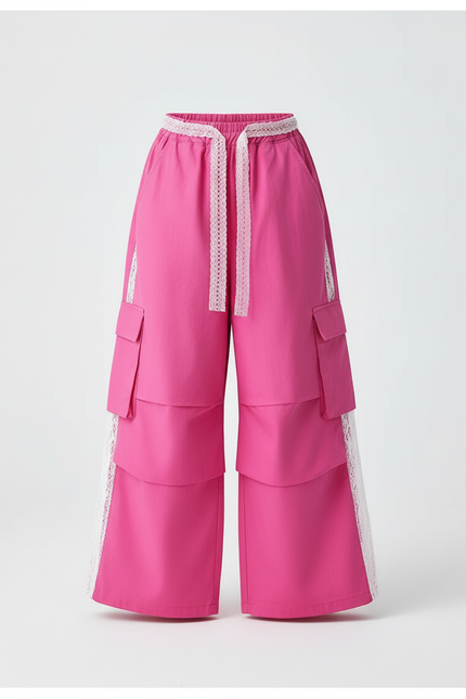 Pantalon Cargo Rose Ample Taille Haute Dentelle - Coton - vue 3