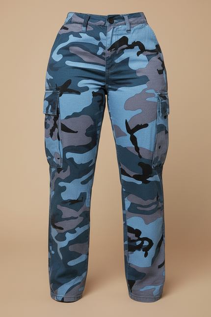 Pantalon Cargo Camouflage Bleu Ample Poches Femme - Toile - vue 3