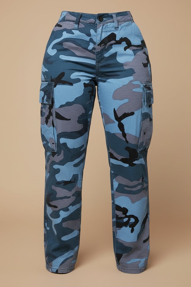Pantalon Cargo Camouflage Bleu Ample Poches Femme - Toile - vue 3