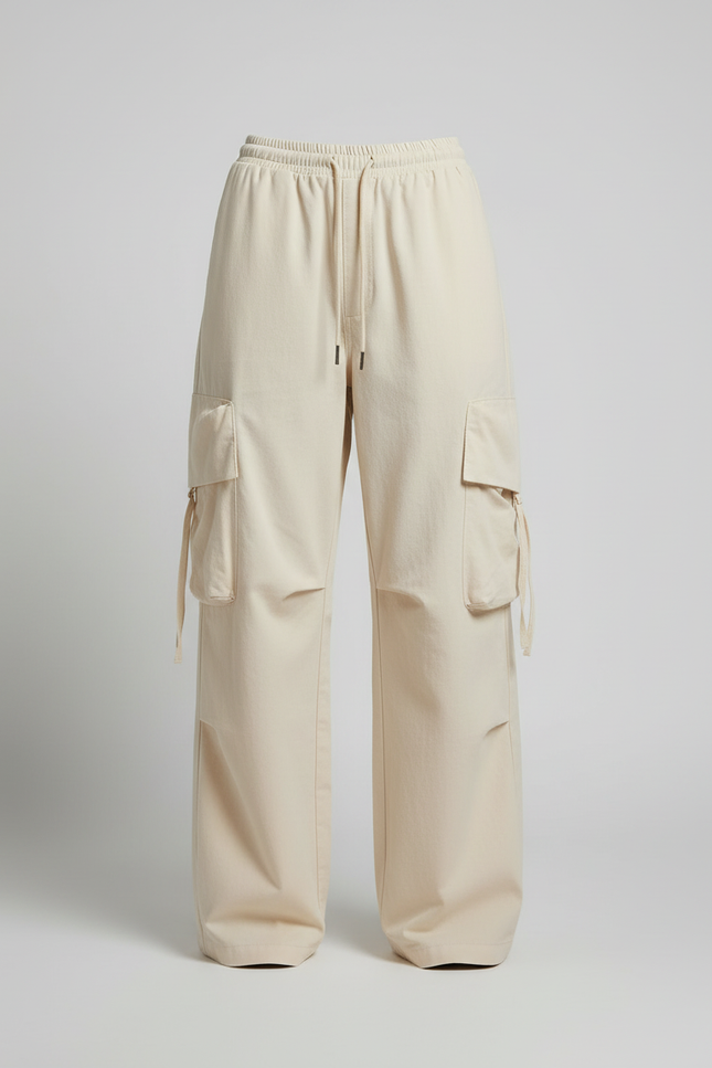 Pantalon Cargo Beige Ample Taille Haute Poches - Toile - vue 3