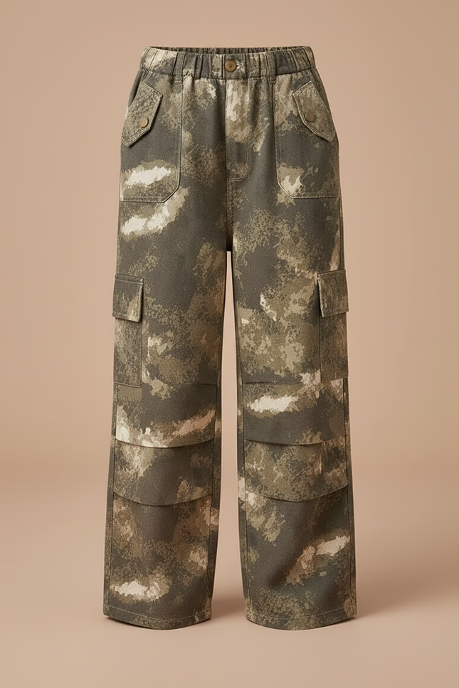 Pantalon Cargo Camouflage Ample Kaki Multipoches Fille - Toile - vue 3