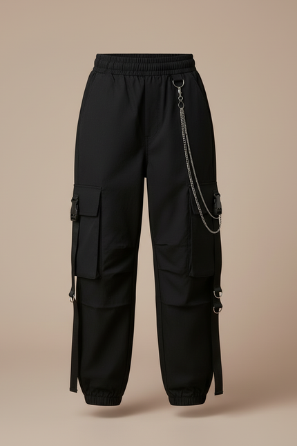 Pantalon Cargo Noir Ample Chaînes Multipoches Fille - Toile - vue 3