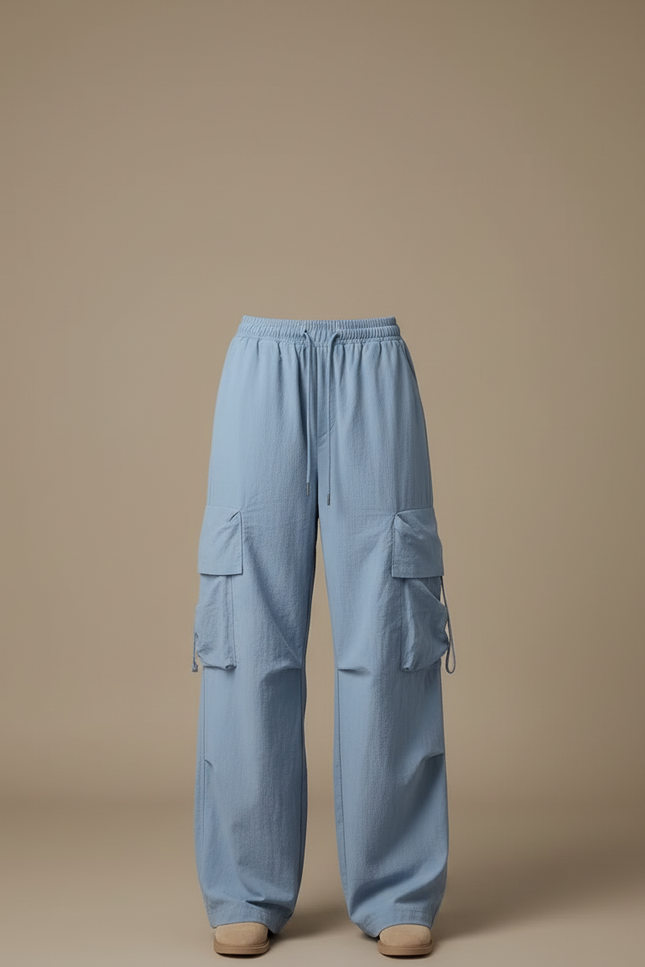 Pantalon Cargo Bleu Ample Taille Haute Décontracté Femme - Toile - vue 3