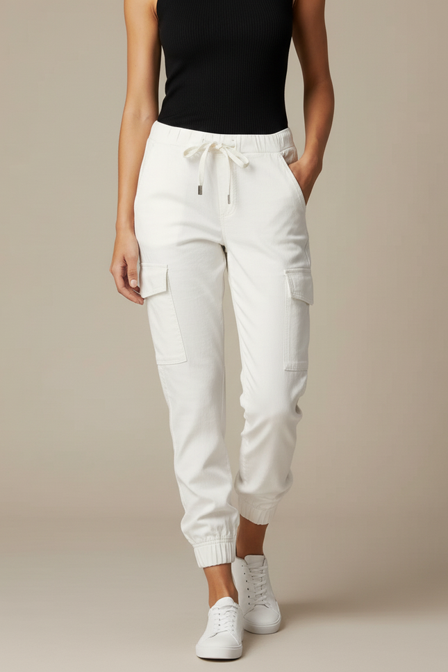 Pantalon Cargo Blanc Cordon Élastique Poches Latérales Jogger Femme - Cordé - vue 3