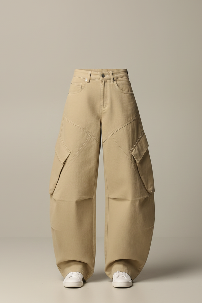 Pantalon Cargo Beige Ample Coton Multipoches Décontracté - vue 3