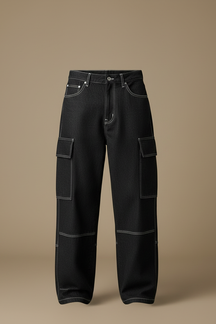 Pantalon Cargo Noir Denim Ample Coutures Blanches Homme - Jean - vue 3