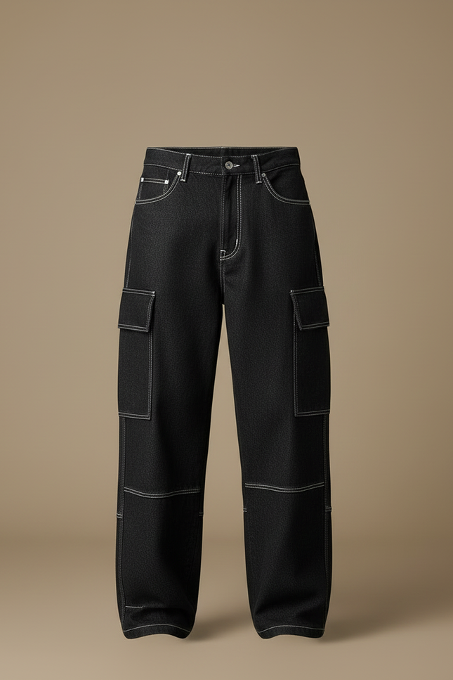 Pantalon Cargo Noir Denim Ample Coutures Blanches Homme - Jean - vue 3