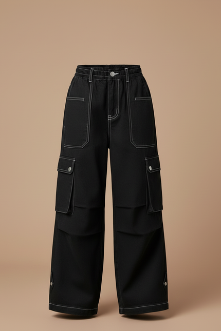 Pantalon Cargo Noir Ample Coton Multipoches Fille - vue 3