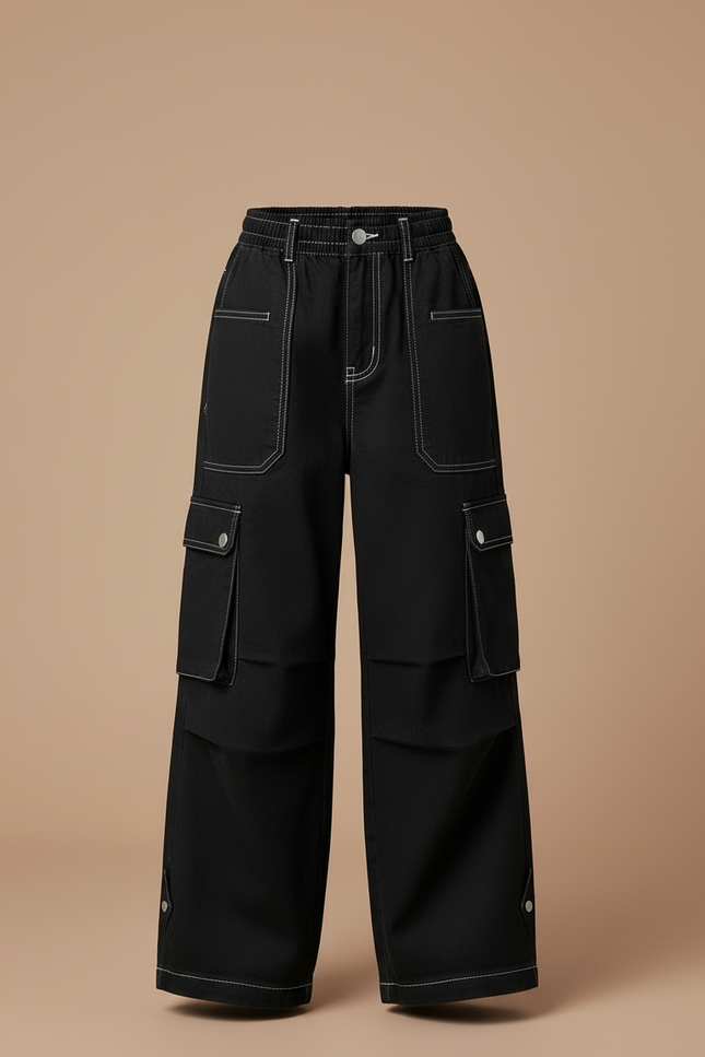 Pantalon Cargo Noir Ample Coton Multipoches Fille - vue 3