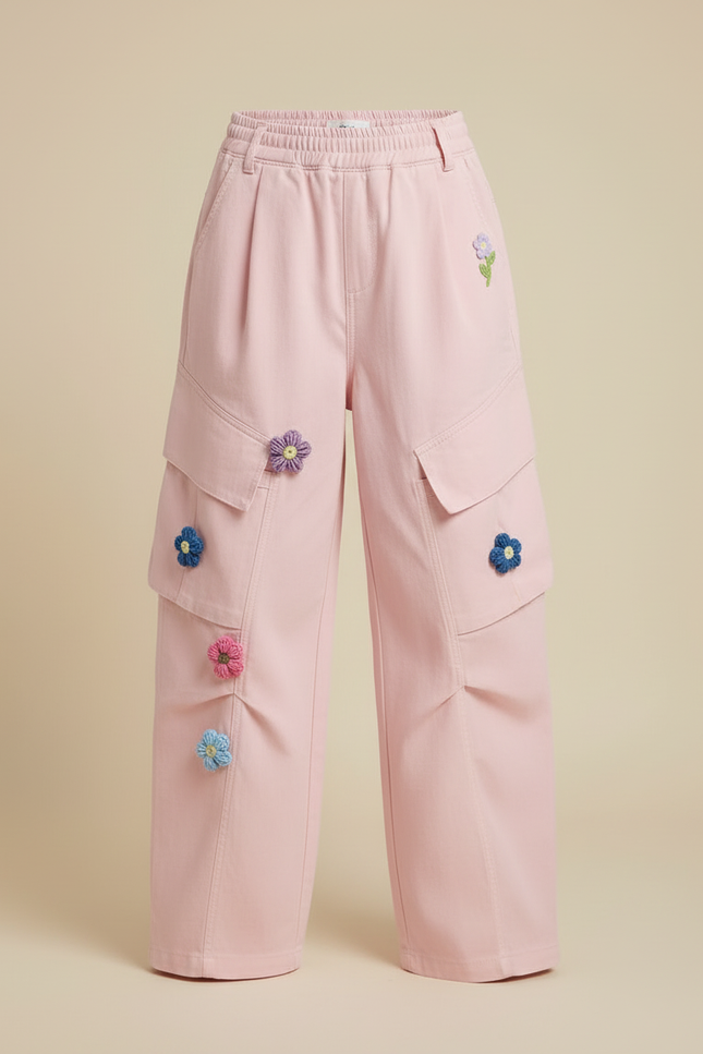 Pantalon Cargo Rose Ample Broderie Fleurs Fille - Toile - vue 3