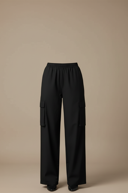 Pantalon Cargo Noir Fluide Taille Haute Femme - Polyester - vue 3
