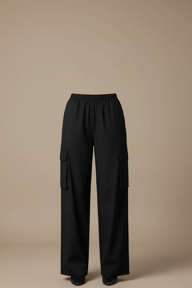 Pantalon Cargo Noir Fluide Taille Haute Femme - Polyester - vue 3