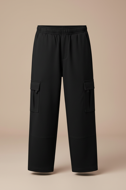 Pantalon Cargo Noir Ample Multipoches Enfant Doublé Polaire - Molleton - vue 3