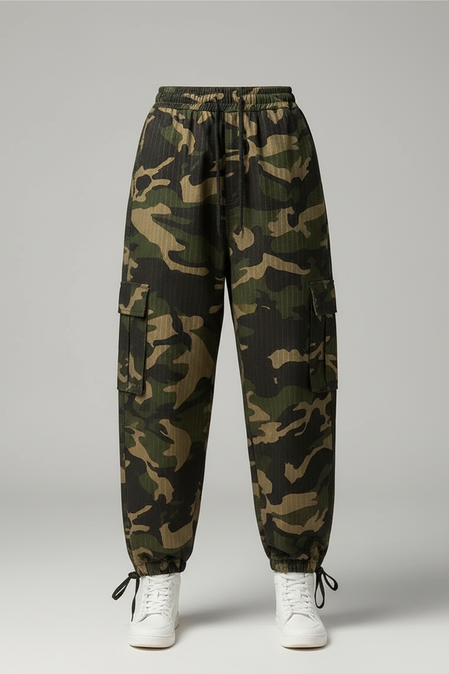 Pantalon Cargo Camouflage Ample Vert Femme Streetwear - Toile - vue 3