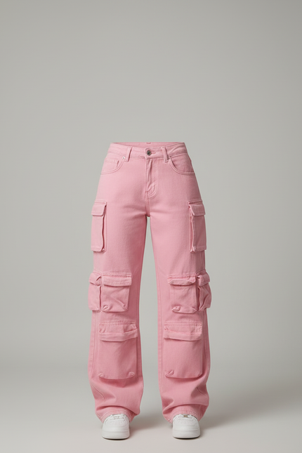 Pantalon Cargo Rose Ample Multipoches Taille Haute - Jean - vue 3