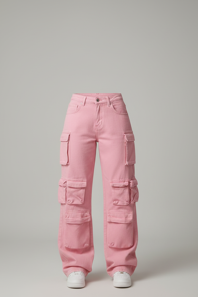 Pantalon Cargo Rose Ample Multipoches Taille Haute - Jean - vue 3