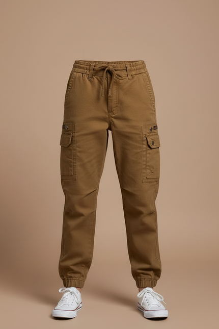 Pantalon Cargo Marron Coton Multipoches Fille Décontracté - Kaki Toile - vue 3
