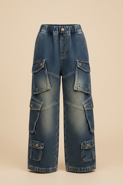 Pantalon Cargo Jean Ample Multipoches Délavé Fille - Bleu - vue 3