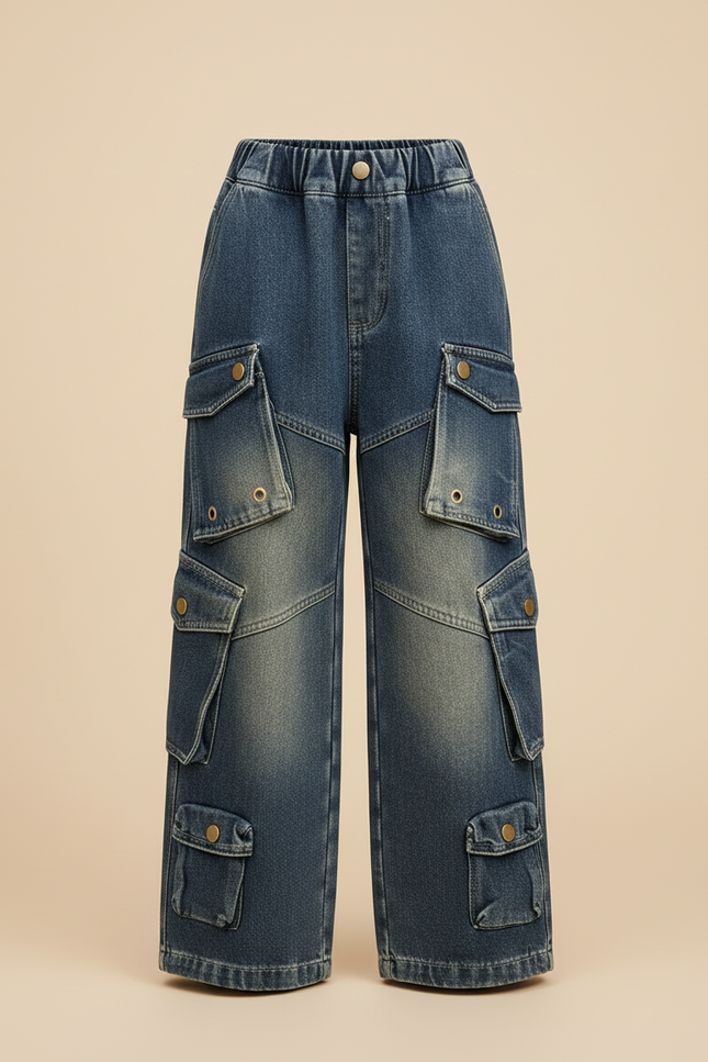 Pantalon Cargo Jean Ample Multipoches Délavé Fille - Bleu - vue 3