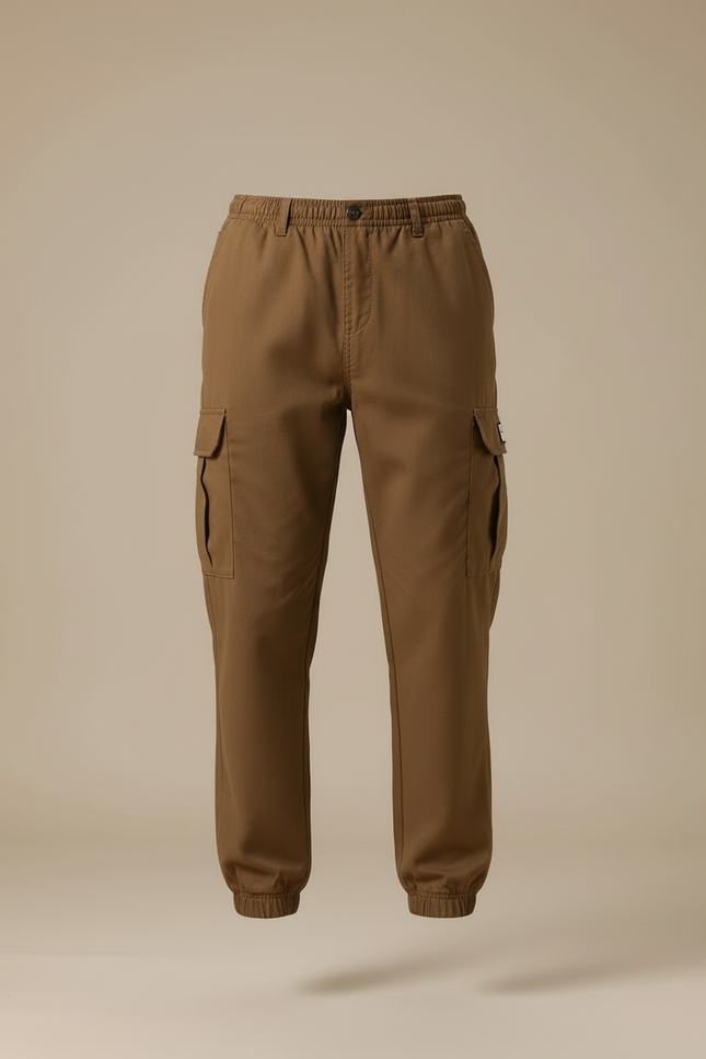 Pantalon Cargo Marron Jogger Ample Coton Multipoches - Gabardine - vue 3