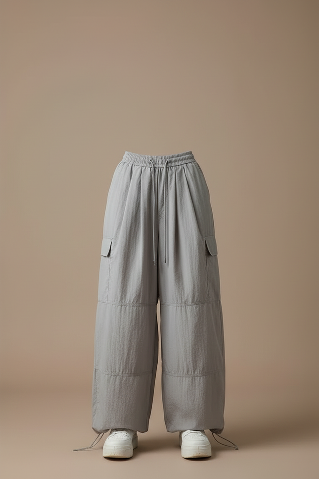 Pantalon Cargo Gris Ample Fluide Taille Haute - Polyester - vue 3
