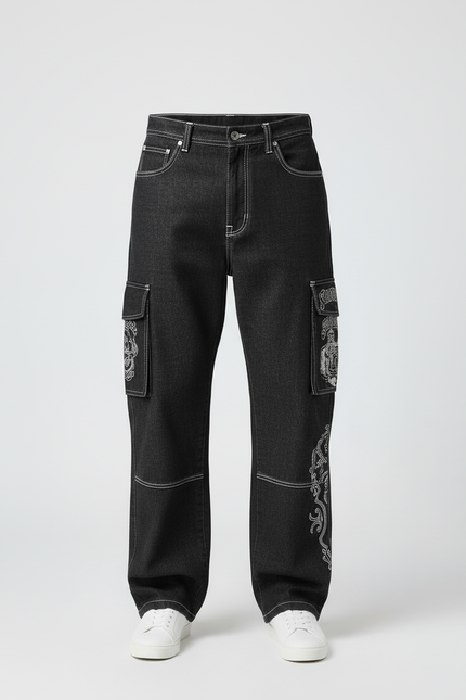 Pantalon Cargo Noir Décontracté Ample Imprimé Y2K - Jean - vue 3