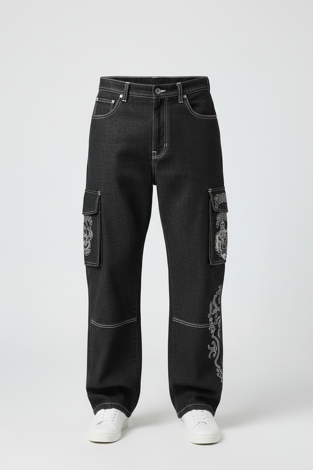 Pantalon Cargo Noir Décontracté Ample Imprimé Y2K - Jean - vue 3